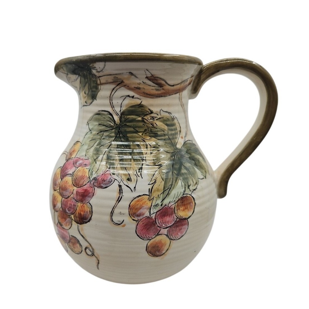 Chardonnay Ceramic‎ Pitcher Hand Painted Grapevine Motif Cream Green Trim 7in